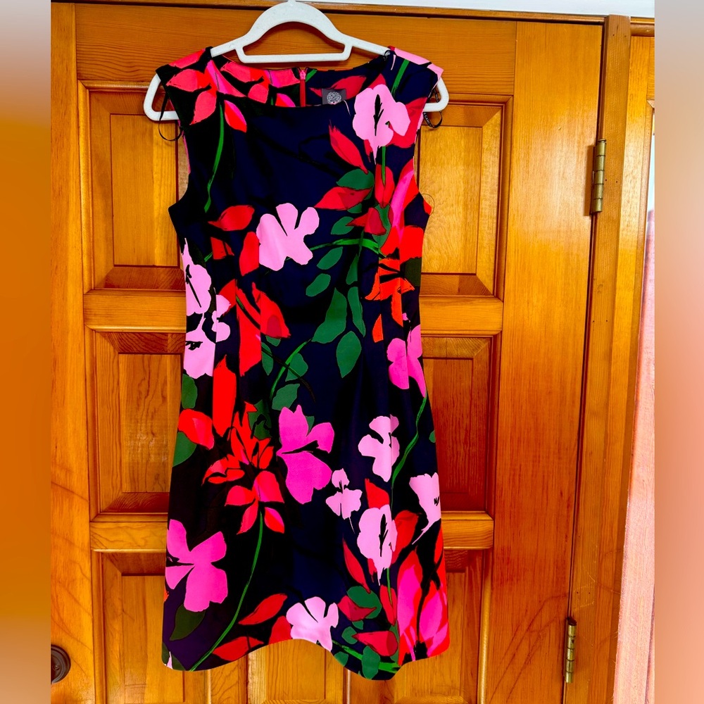 Vince Camuto Black Floral Sheath Dress with Pink and Red Blooms